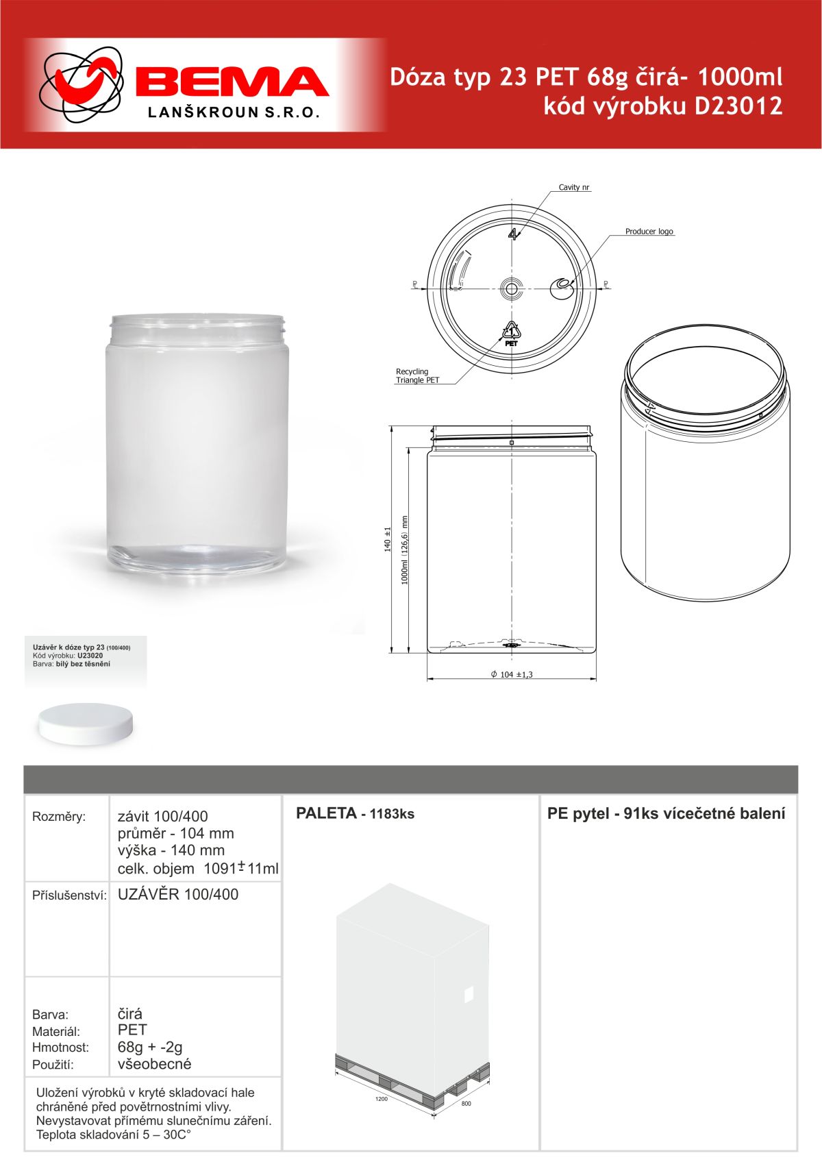 D23012 Doza PET 1000ml čirá 100-400 24-6-2026